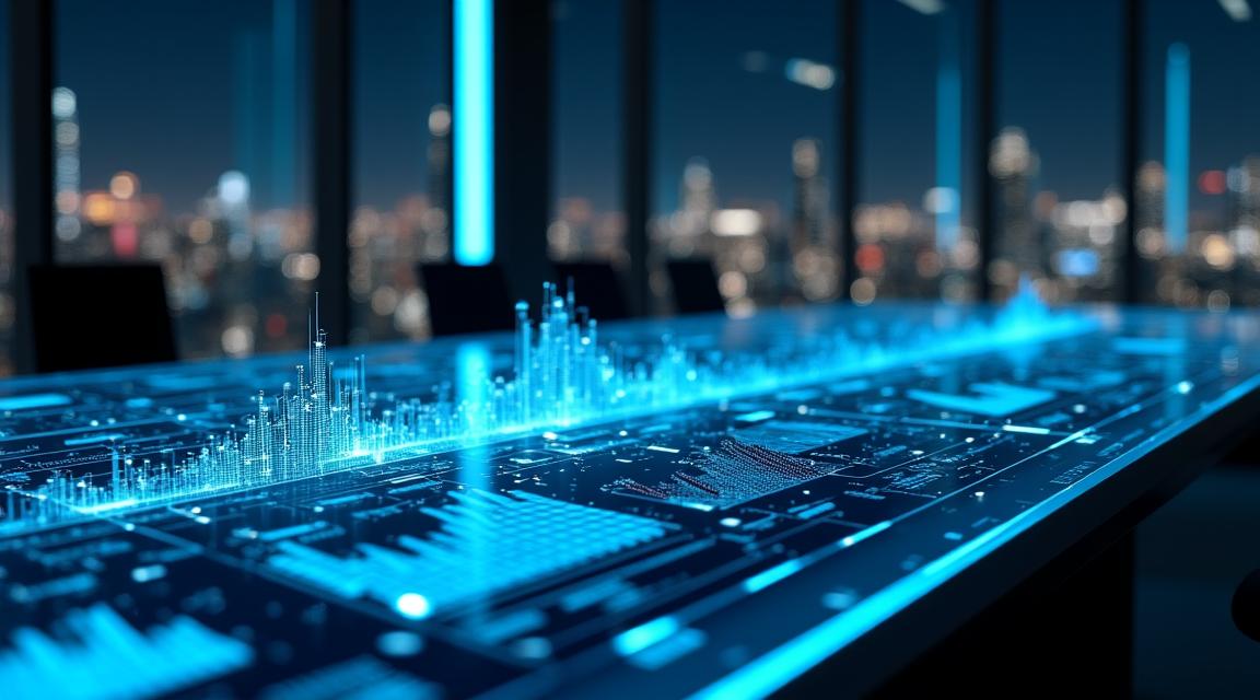 Futuristic digital workspace with AI data visualizations